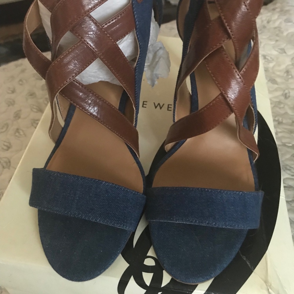 Nine West Denim & Leather High Heel Sandals Size 7